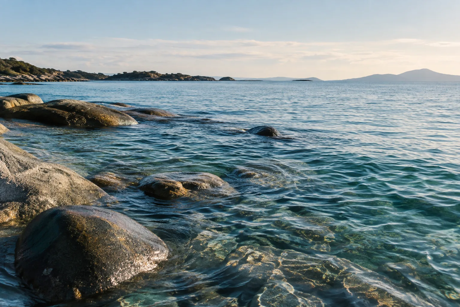 Calm blue water washing over coastal rocks