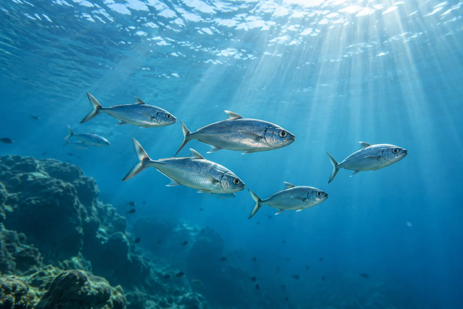 School of fish swimming in clear blue water